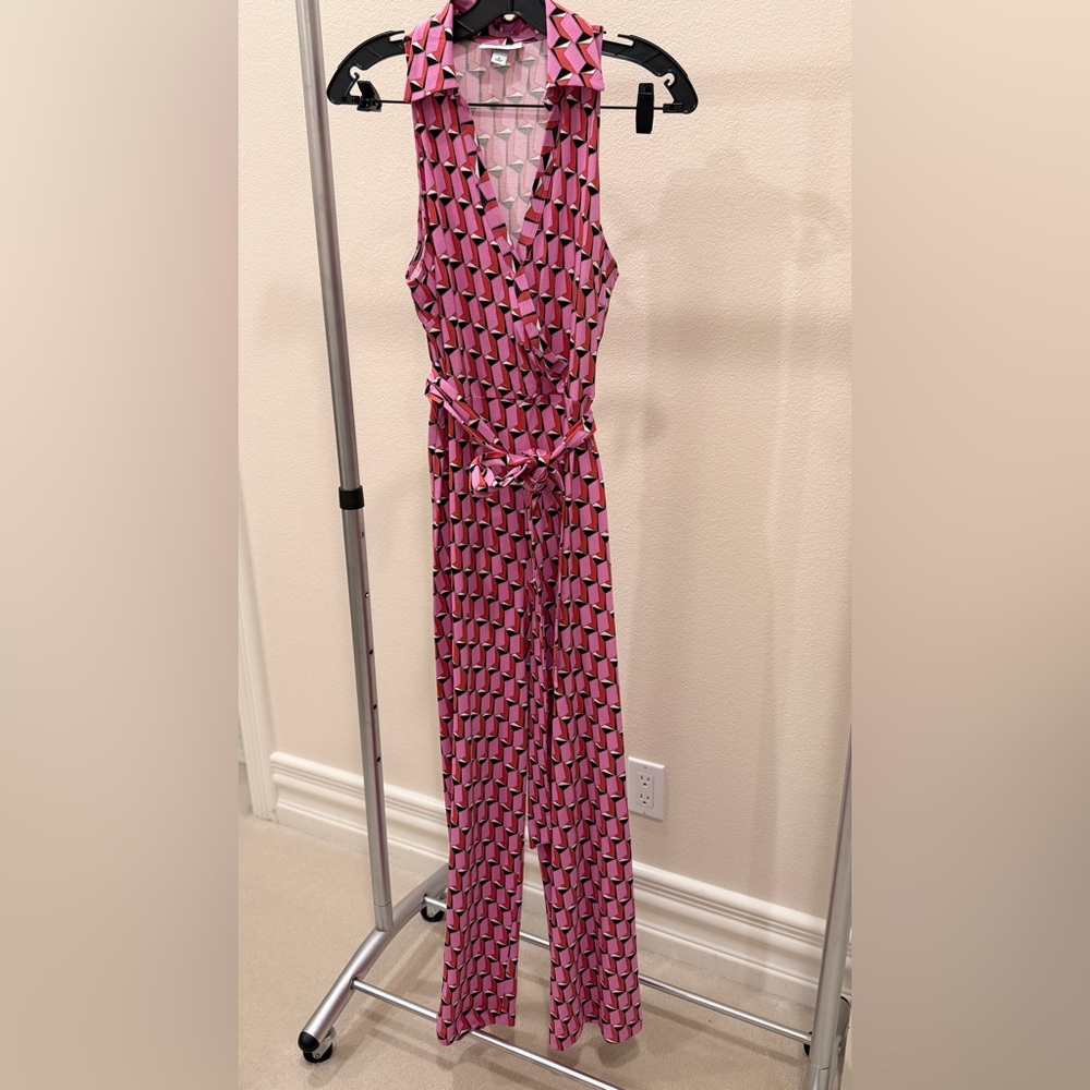 Diane Von Furstenberg Pink, Black and White Geometric Jumpsuit